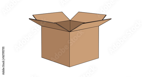 Dimensional Brown Cardboard Box Illustration Isolated on White Background Ready to Receive Items for Shipping or Storage