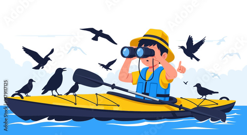 Young Amateur Observes Avian Creature From A Kayak, Amidst Oceanic Adventures