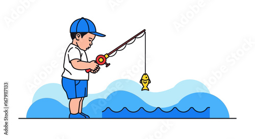 Young Angler Enjoying a Beautiful Day, Fishing for a Golden Catch in the Calm Waters