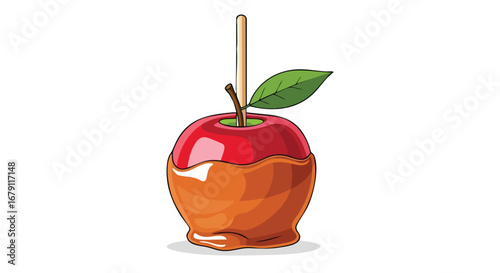 Cartoon illustration of a candied apple with a stick, perfect for autumnal designs, evoking the spirit of Halloween treats and harvest festivals