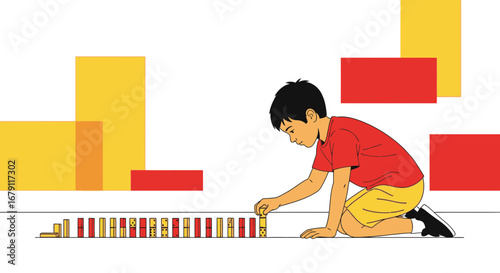 Young boy playing with dominoes, setting up a chain reaction against a colorful background