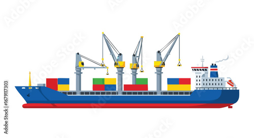 Vector graphic depiction showcasing a cargo ship loaded with colorful shipping containers and multiple cranes for loading and unloading operations