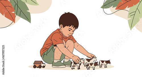Young Boy Playing With Farm Animals Toys Creates a Cute Scene Illustration