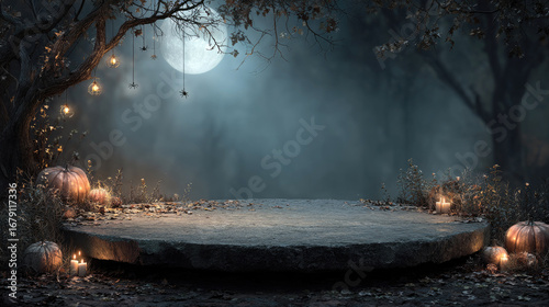 Round stone platform illuminating halloween pumpkins surrounding it in a dark forest with full moon and misty landscape at night creates a spooky and mysterious atmosphere