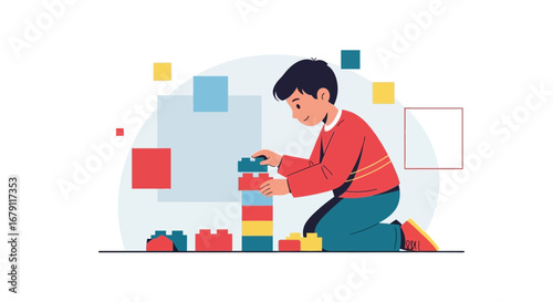 Young Architect: Child Constructing Tower With Colorful Blocks Expressing Creativity and Imagination