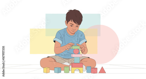 Young Boy Playing With Geometric Shapes, Creating Tower, Indoor Activity