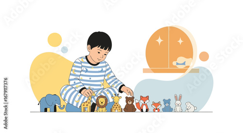 Young Boy Playing With Many Toy Animals Before Sleeping During The Evening
