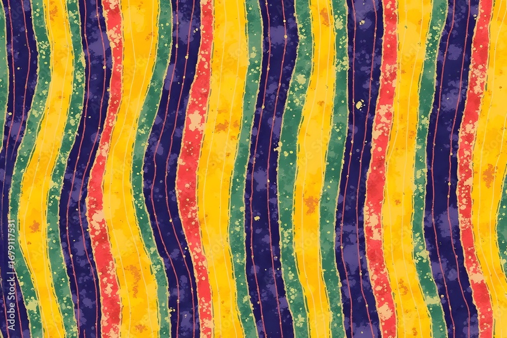 Obraz premium Festive abstract background with hand drawn curvy vertical stripes and rough wavy texture. Modern bold vibrant Mardi Gras Striped Painted Pattern