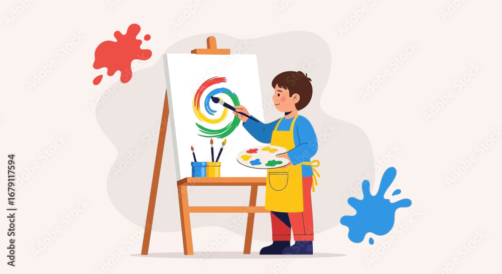 Fototapeta premium Young Artist: A Child Painting Abstract Colorful Artwork with Brush And Palette