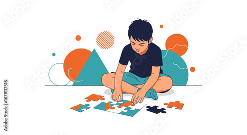 Young boy playing with puzzle pieces creating the image, concept of problem-solving