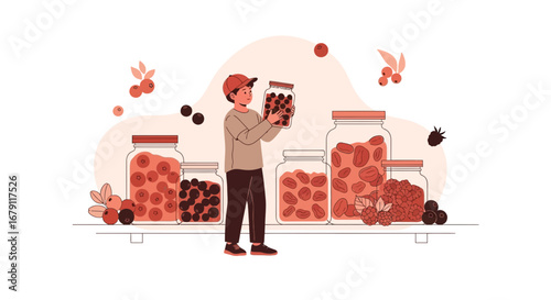 Young Artisan Examining Preserved Fruit Jars Displaying Fresh Berries and Preparations.