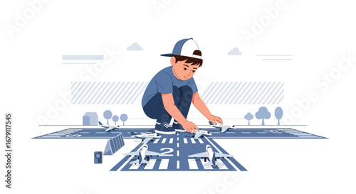 Young boy playing with toy airplanes on an airport runway illustration