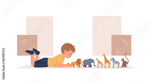 Young Boy Playing With Toy Animals On The Floor, Education, Childhood, and Imagination