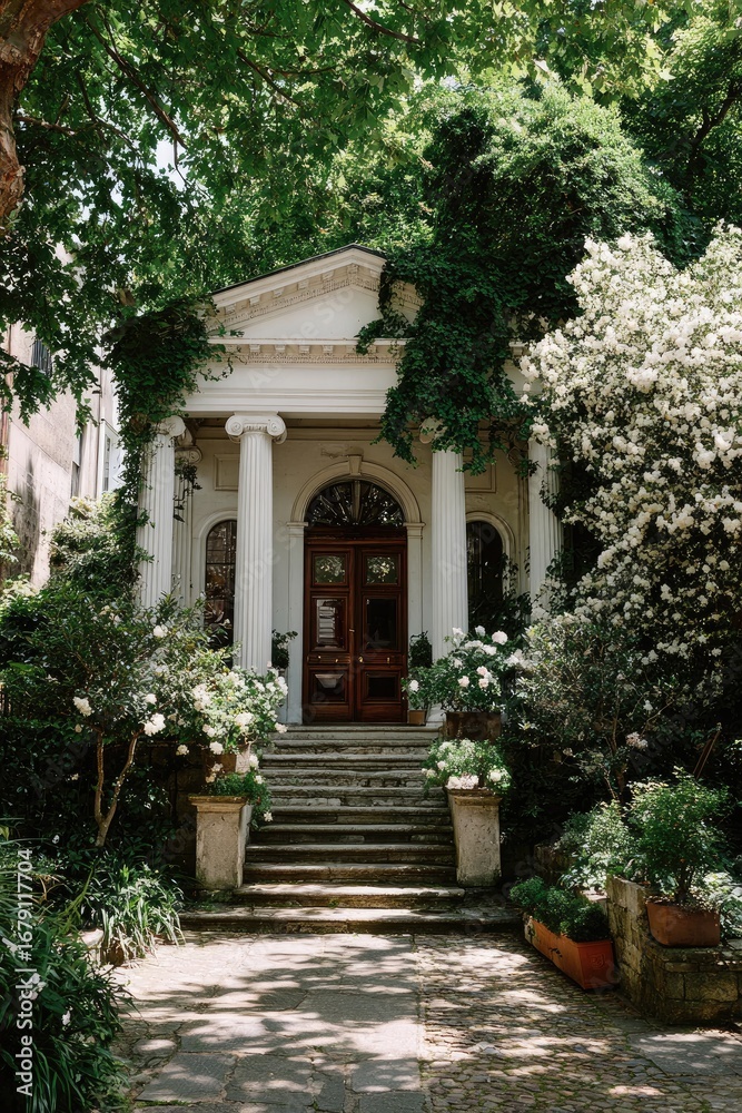 Fototapeta premium Elegant white portico, shaded by lush greenery