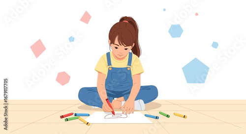 Young Artist Concentrated on Creation, Pen in Hand, Sketching and Painting with Crayons