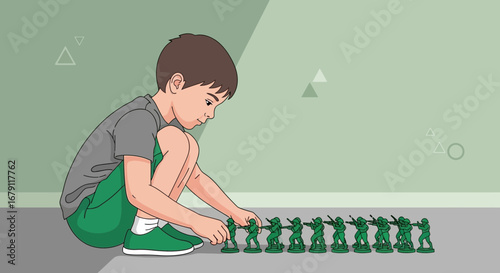 Young Boy Playing with Toy Soldiers in a Vector Illustration Concept for childhood games