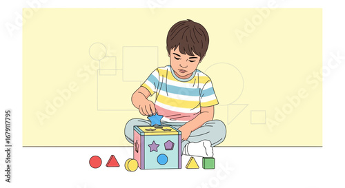 Young boy playing with toy shapes, educational game, learning through fun activity