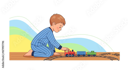 Young Boy Playing With Toy Train On Wooden Floor, Dreamy Childhood Scene