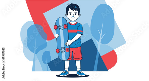 Young Boy Posing With Skateboard In Front Of Painted Trees And Geometric Shapes Illustration