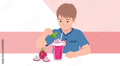 Young Boy Preparing Exotic Dragon Fruit Smoothie Enjoying Refreshing Healthy Beverage