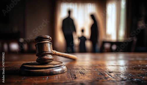 Gavel on a table, family in background