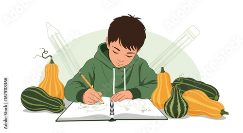 Young Artist Illustrating Pumpkins And Gourds, Creating Autumnal Artwork With Pencils