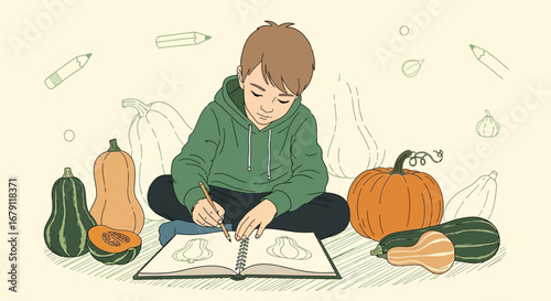 Young Artist Illustrating Gourds, Capturing Botanical Details, Autumn Harvest Scene