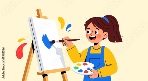 Young artist painting on a canvas with a brush and palette, expression and happiness