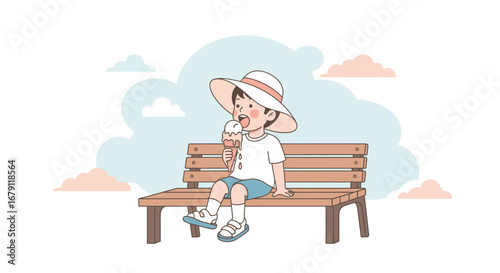 Young Boy Relishes Frozen Confection on a Summer Bench in Sunny Weather