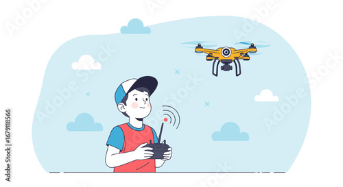 Young Boy Remote Controlling A Drone Enthusiastically In A Bright Sky Day