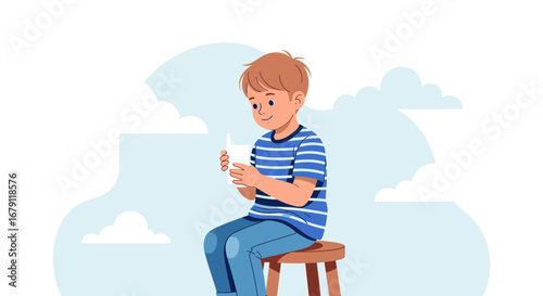 Young Boy Relaxed on Stool Holding Milk, Enjoying a Quiet Moment of Contentment