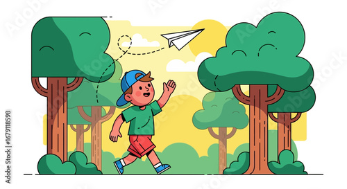 Young Boy Running After His Paper Airplane Amidst Lush Green Trees and Sunshine