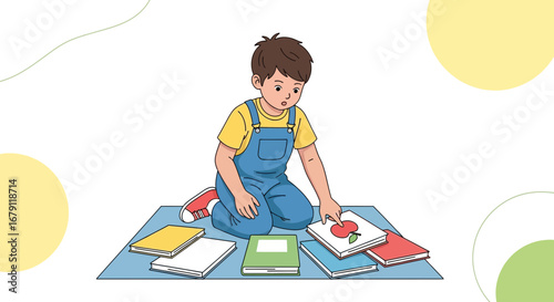 Young Boy Selecting A Book While Surrounded by Knowledge in Playful Illustration