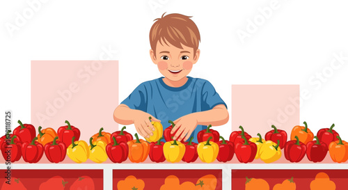 Young Boy Selecting Colorful Bell Peppers: A Joyful Illustration for Dietary and Health Education