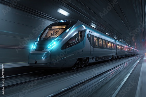 Futuristic train speeding through a dark tunnel