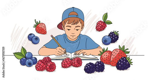 Young Artist Sketching Berries: Creative Illustration Capturing Fresh and Delicious Fruits
