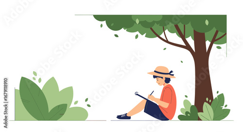 Young Artist Sketching Under A Tree Embracing Nature's Serenity And Creativity
