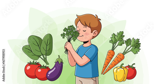 Young Boy Smelling Fresh Parsley and Surrounded by Garden Vegetables, Color Illustration