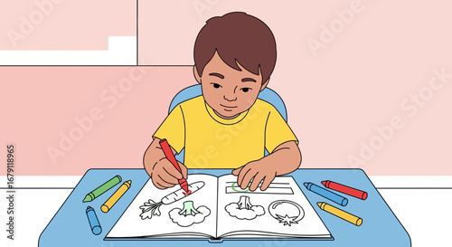 Young Artist's Colorful Coloring Session Featuring Vegetables and Creative Markers
