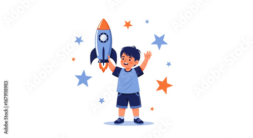 Young Astronaut Excitedly Holding Rocket with Stars as Symbol of Exploration and Dream Fulfillment
