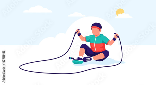 Young Athlete Engaging Body Exercise Activity by Using Jump Rope in Cartoonish Style