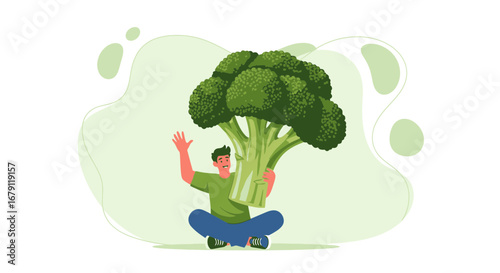 Young Athlete Exults Holding a Gigantic Broccoli Representing Healthy Eating