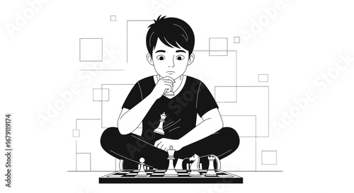 Young boy thinking about a chess move, contemplating strategy and tactics of the game