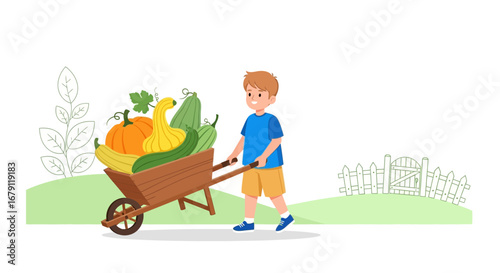 Young Boy Tending a Garden, Harvesting Autumn Vegetables, Simple Illustration Style