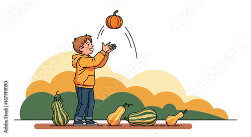 Young Boy Tossing Pumpkin Upwards With Various Gourds In a Playful Autumn Scene