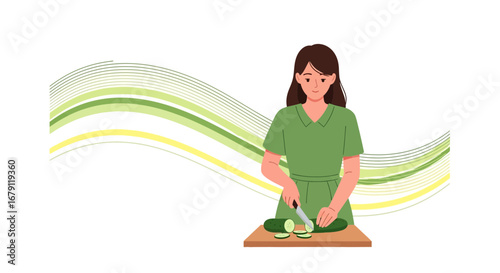 Woman Slicing Cucumber on Cutting Board in Flat Illustration Style for Healthy Eating