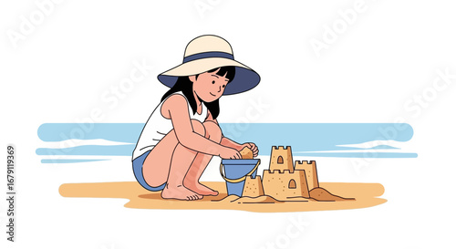 Young Lady Building Sandcastle on Sandy Beach under the Sunny Summer Sky Illustration