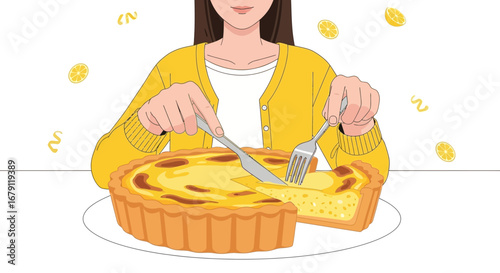 Woman Slicing Delicious Lemon Tart on White Plate with Citrus Decorated Background