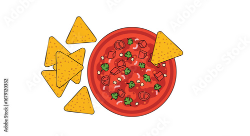 Delicious snack illustration featuring savory salsa dip accompanied by crispy tortilla chips ready for dipping and serving on white background
