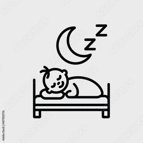 Vector illustration of a baby sleeping peacefully under a crescent moon with zzz symbols silhouette vector illustration white background